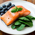 **

A vibrant, colorful plate of food showcasing salmon, avocado slices, blueberries, walnuts, and spinach. The background is a clean, modern kitchen setting with natural light. Focus is sharp on the food, emphasizing its freshness. The overall feel is healthy and appetizing, illustrating the power of omega-3 fatty acids and nutrient-rich foods for improved focus.

**