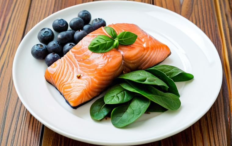 **
A vibrant, colorful plate of food showcasing salmon, avocado slices, blueberries, walnuts, and spinach. The background is a clean, modern kitchen setting with natural light. Focus is sharp on the food, emphasizing its freshness. The overall feel is healthy and appetizing, illustrating the power of omega-3 fatty acids and nutrient-rich foods for improved focus.
**
